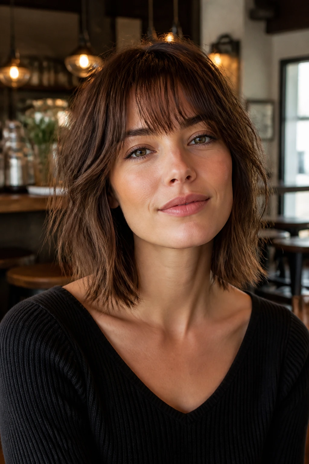 Medium close-up of a real woman with a shoulder-length lob and piecey bangs