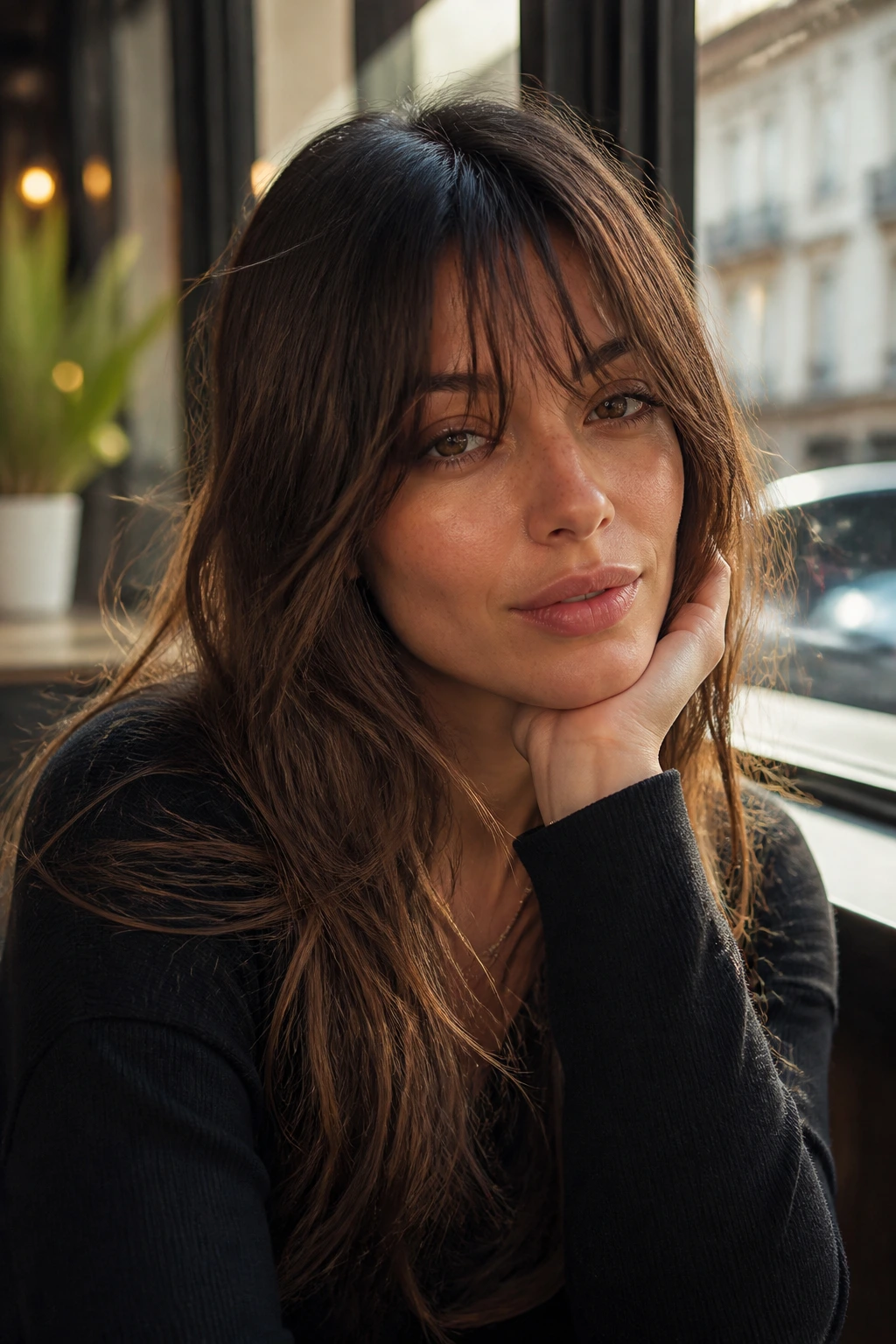 Close-up of a real woman with piecey French-girl bangs in cafe light