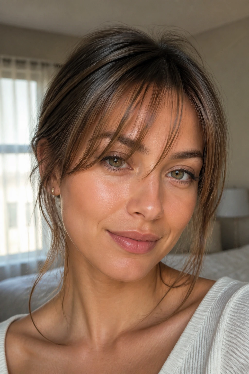 Close-up portrait of a real woman with piecey side bangs and separated ends, natural window light.