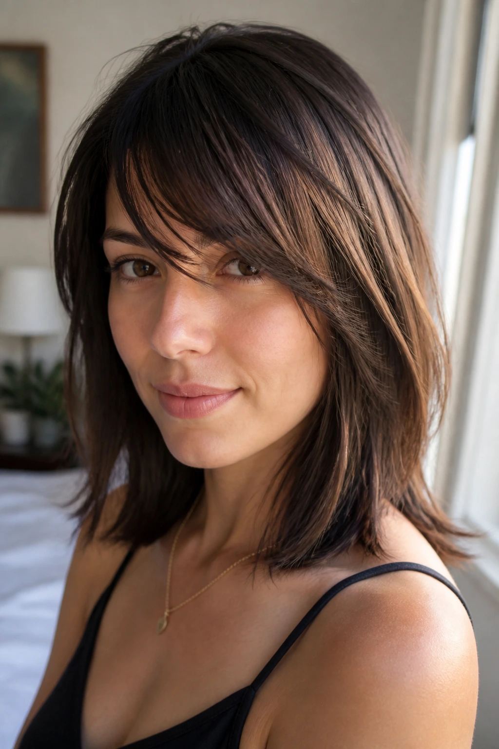 Close-up of a real woman with piecey swoop bangs and tapered ends in warm window light