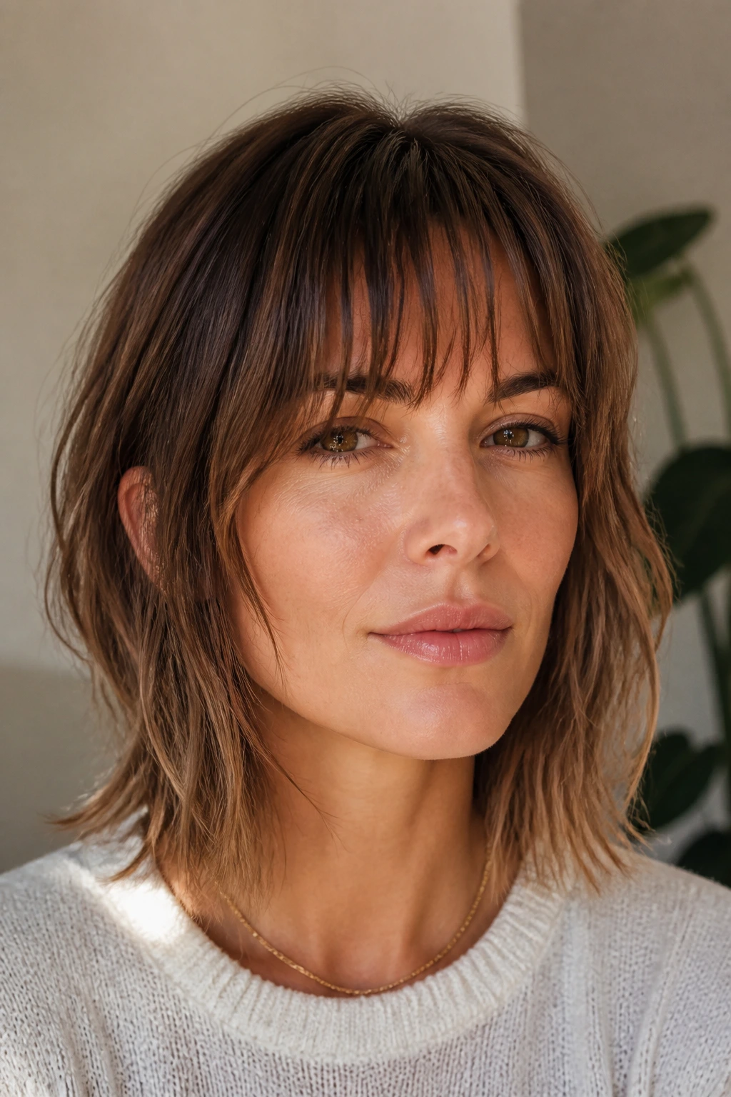 Close-up of piecey bangs with broken-up ends on a real person