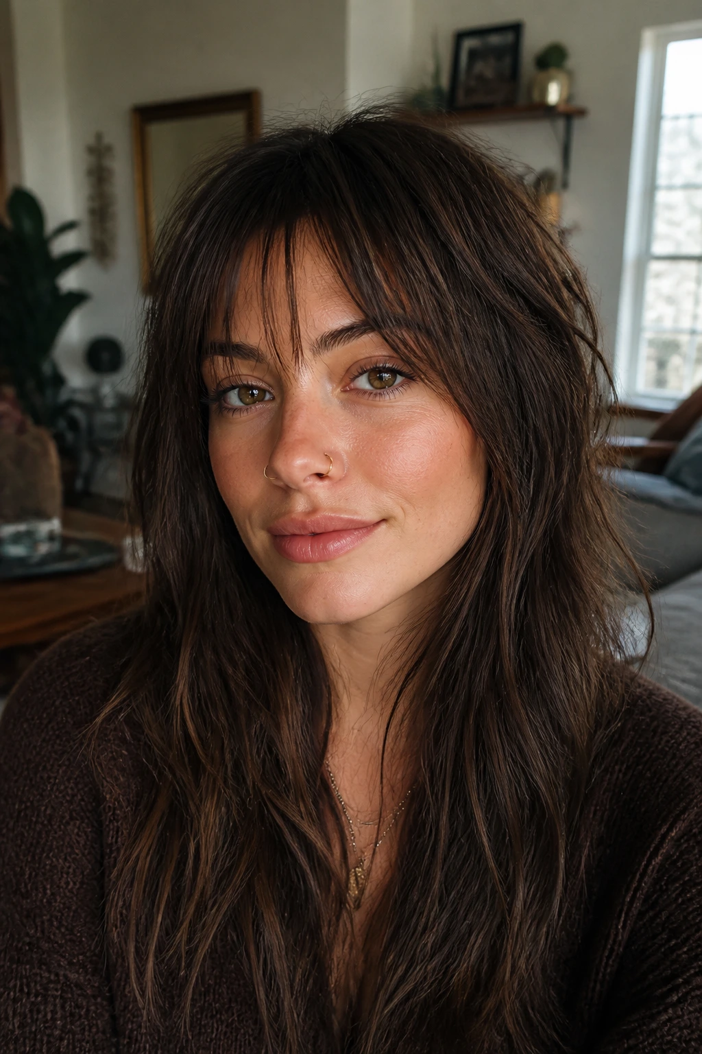Close-up portrait of a woman with piecey textured bangs