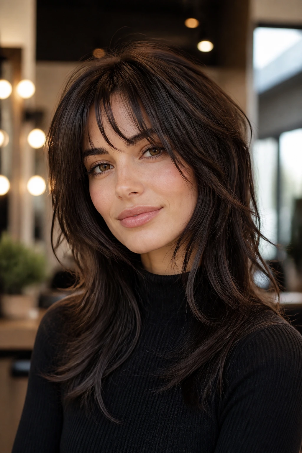 Close-up of a real woman with piecey bangs and a modern wolf cut in a chic salon