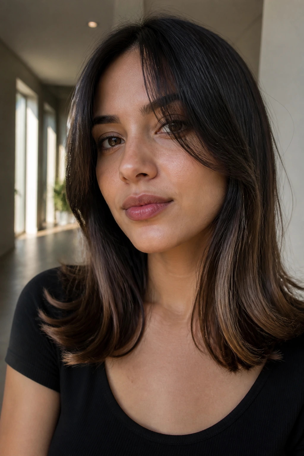 Close-up of real woman with a piecey bend at the ends in straight hair.