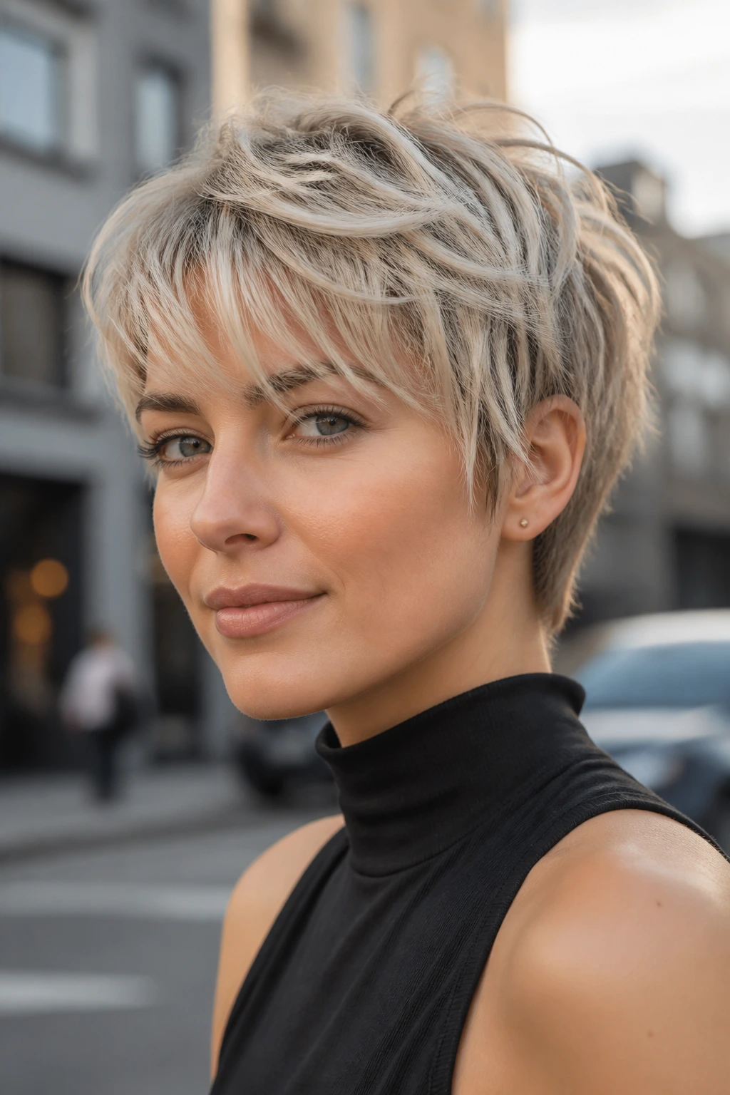 Portrait of a woman with a piecey bixie bob showing texture.