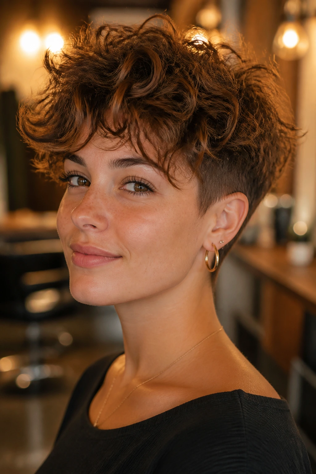 Portrait of a real person with piecey bixie haircut showing texture
