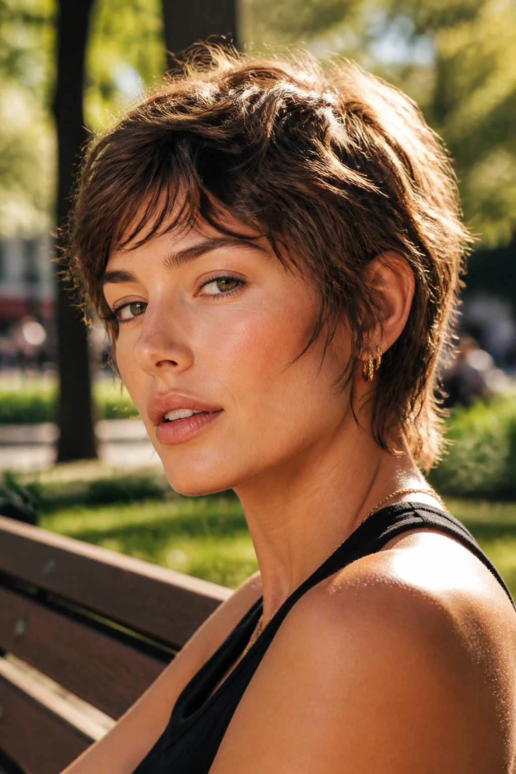 Close-up portrait of a real woman with a bixie hairstyle and wavy texture