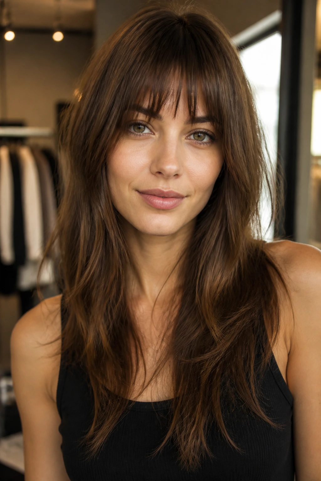 Close-up of real person with piecey blunt bangs and soft long layers