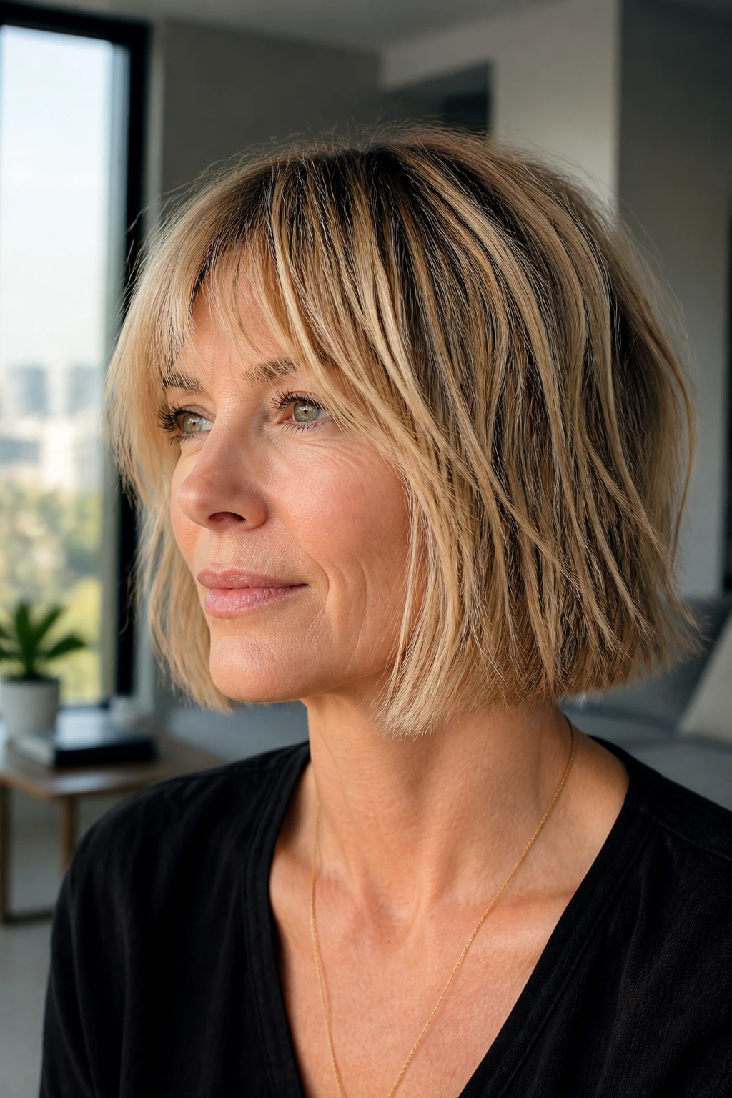 Close-up portrait of a real woman with piecey blunt bob hairstyle
