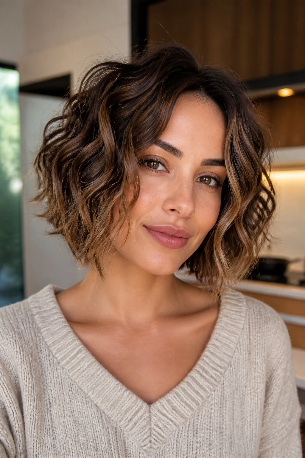 Portrait of a woman with a piecey bob and loose curl definition