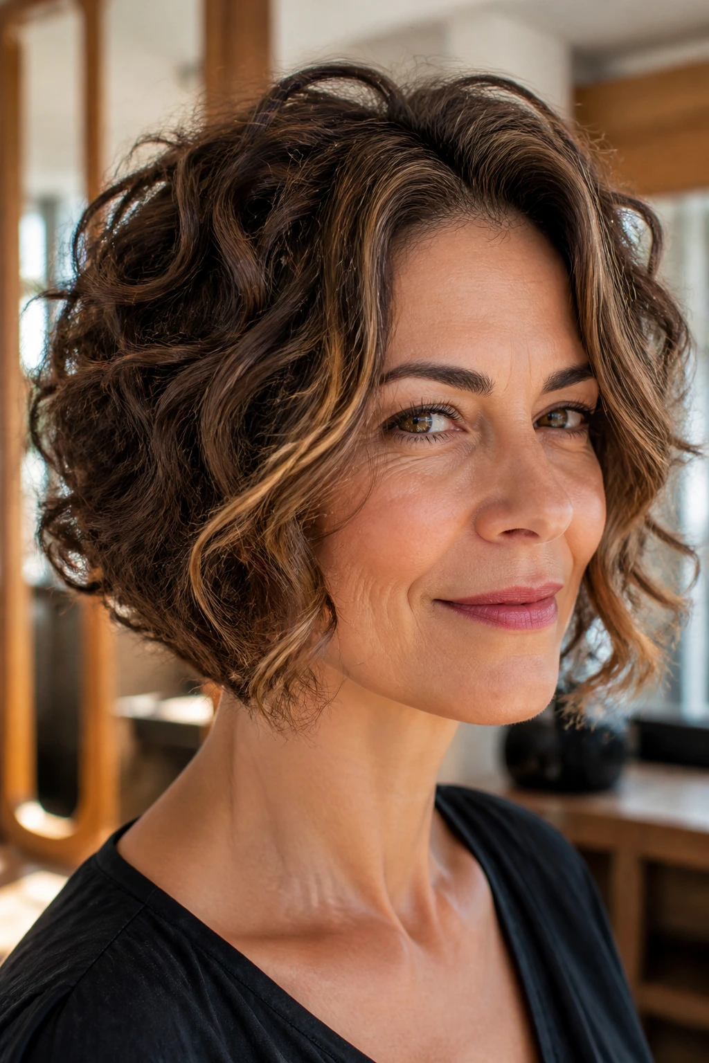 Close-up of a real woman with Piecey Bob and face-framing bright brunette ribbons