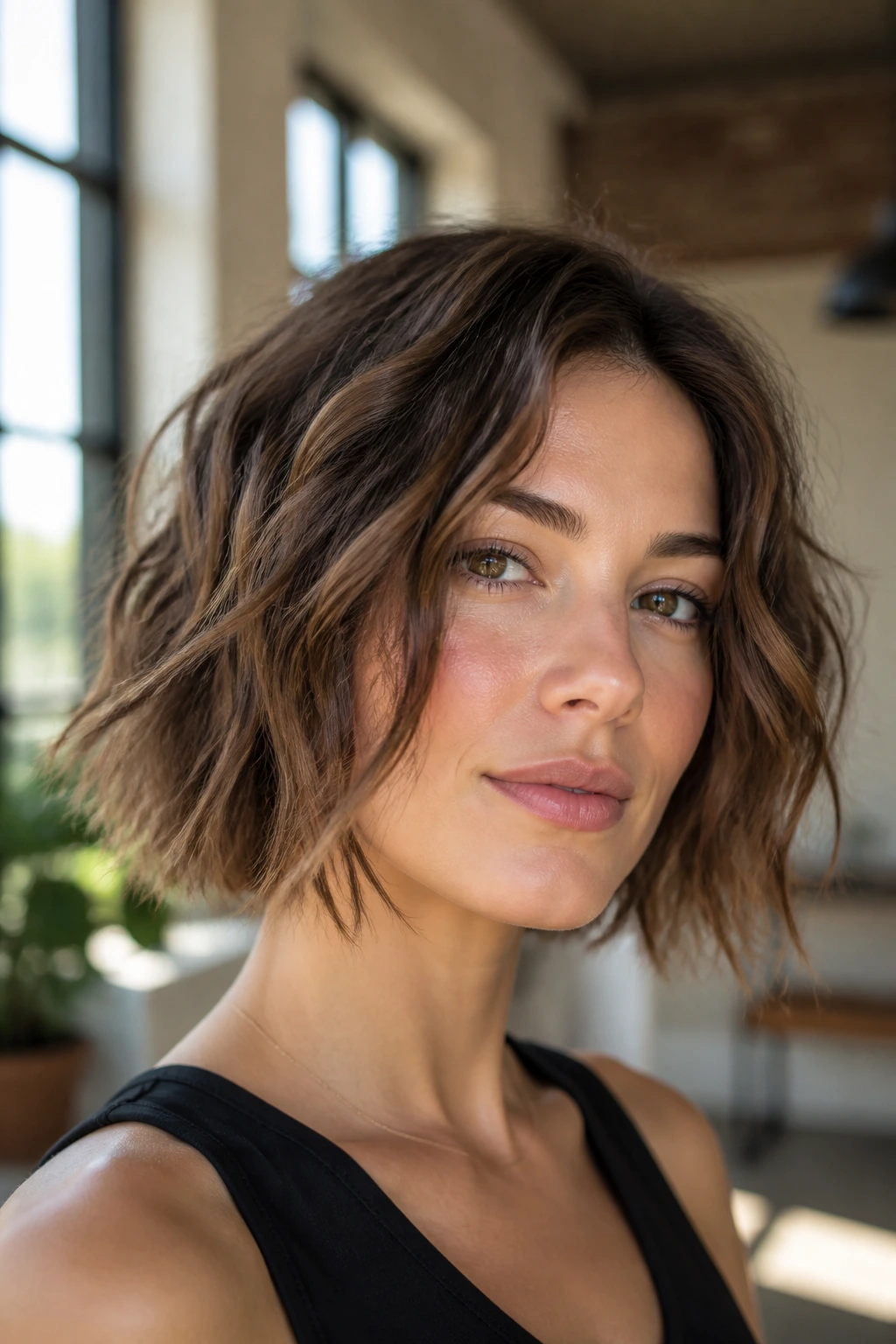 Portrait of a woman with a piecey bob and deconstructed ends