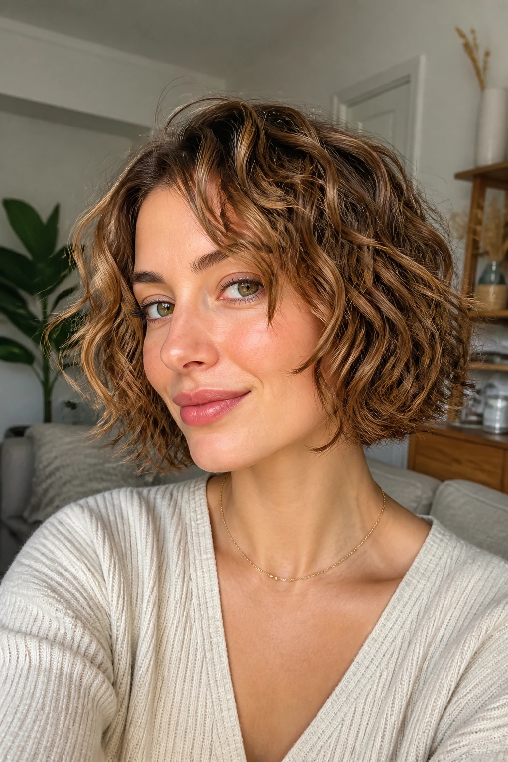 Close-up of a real woman with a piecey bob and fine curls in natural light.