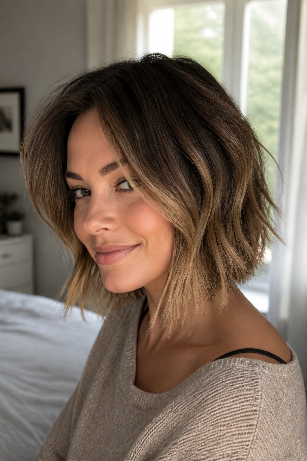 Close-up portrait of a real woman with a piecey bob and light ends, hair texture emphasized