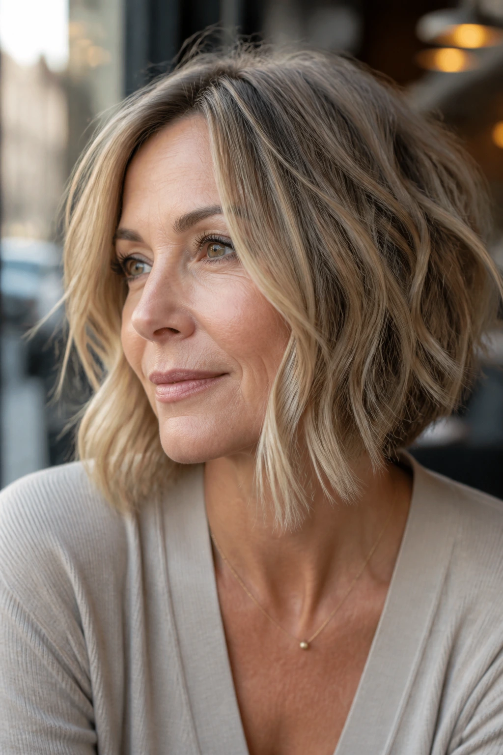 Portrait of a real woman with a piecey bob and long front panels framing the jaw.