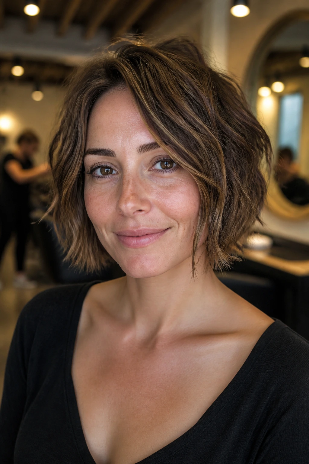 Close-up portrait of a real woman with piecey bob and point-cut ends, textured look.