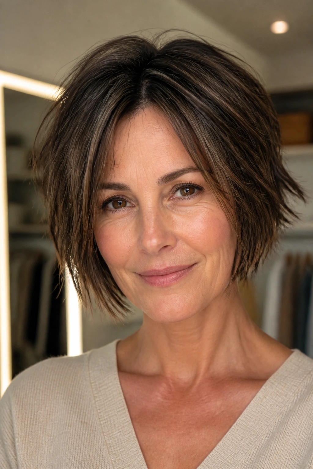 Real woman with piecey textured layers in thick hair