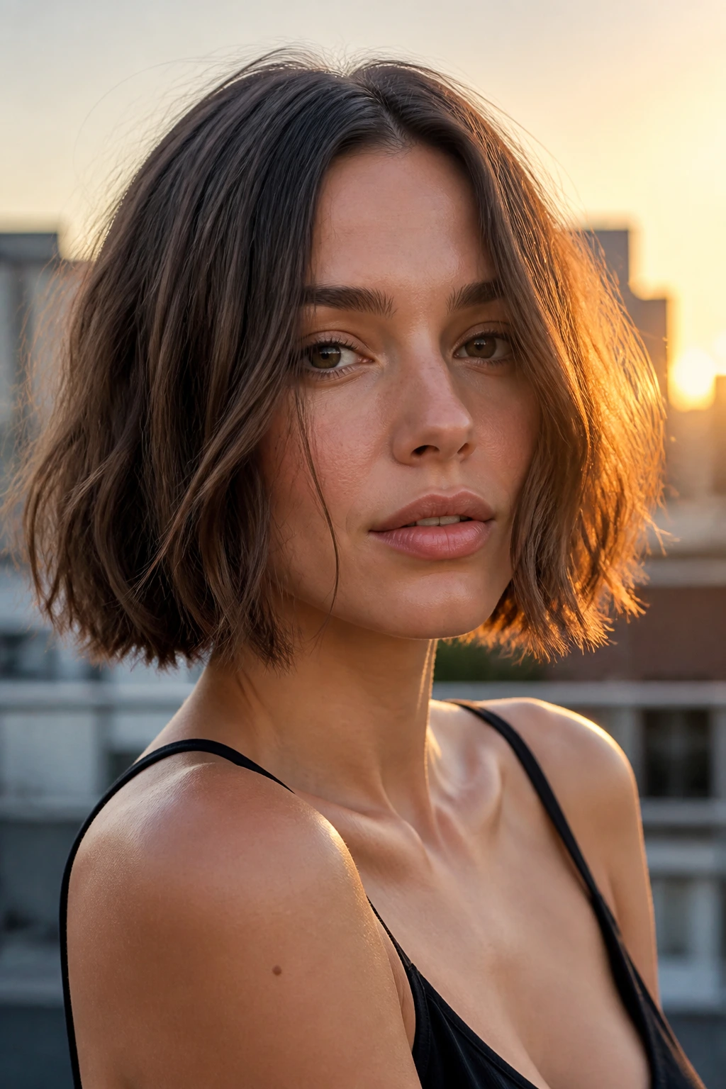 Close-up of a real woman with a piecey center bob showing texture in sunset rooftop setting