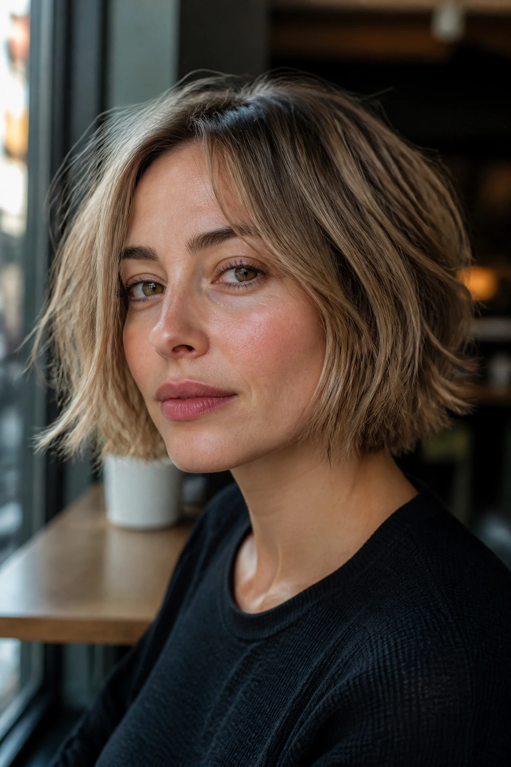 Close-up of a real woman with a piecey chin-length bob showing broken-up ends
