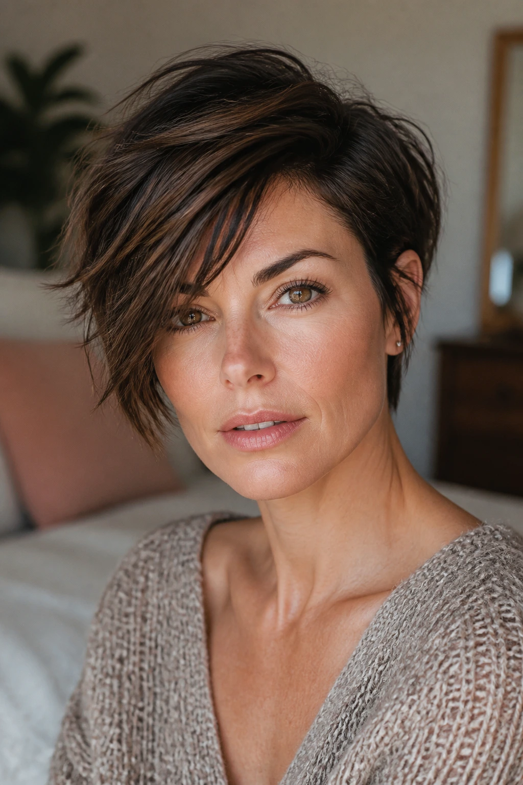 Close-up portrait of a real woman with a piecey crop and a deep side part, short textured hairstyle.