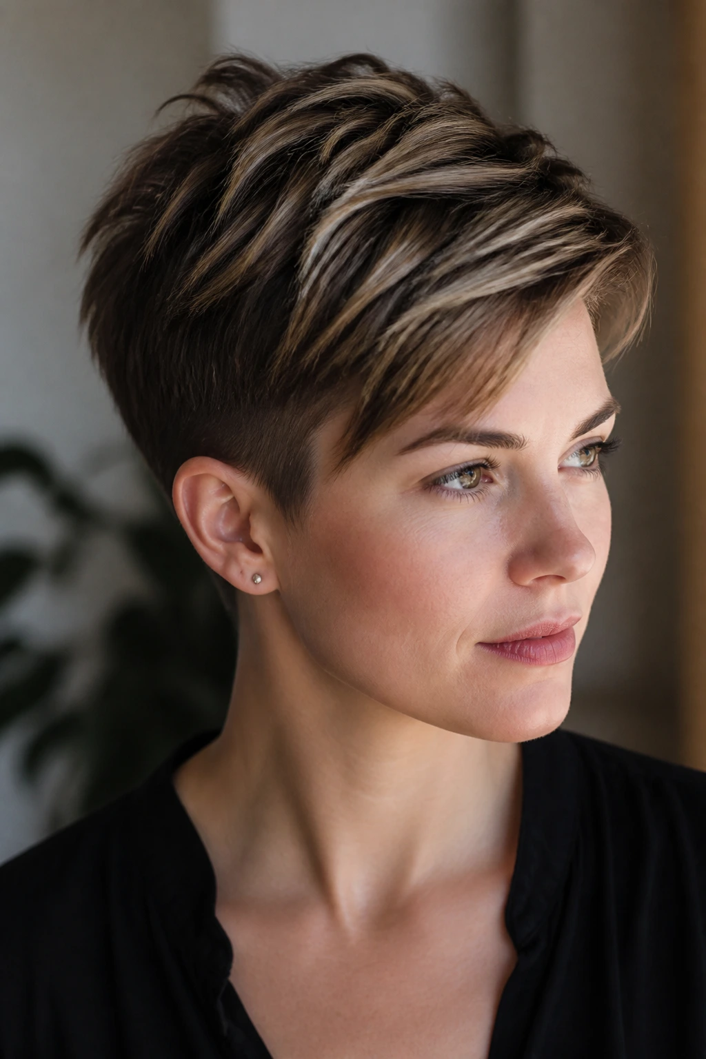 Close-up of a real person with a piecey crop and long top