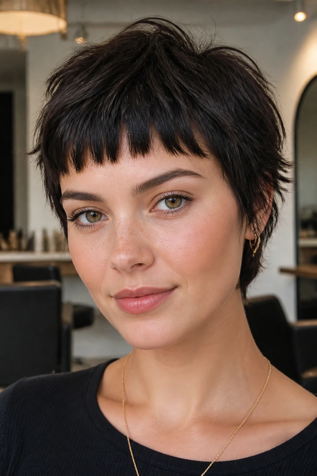 Close-up of a real person with a piecey crop and micro bangs in a bright salon