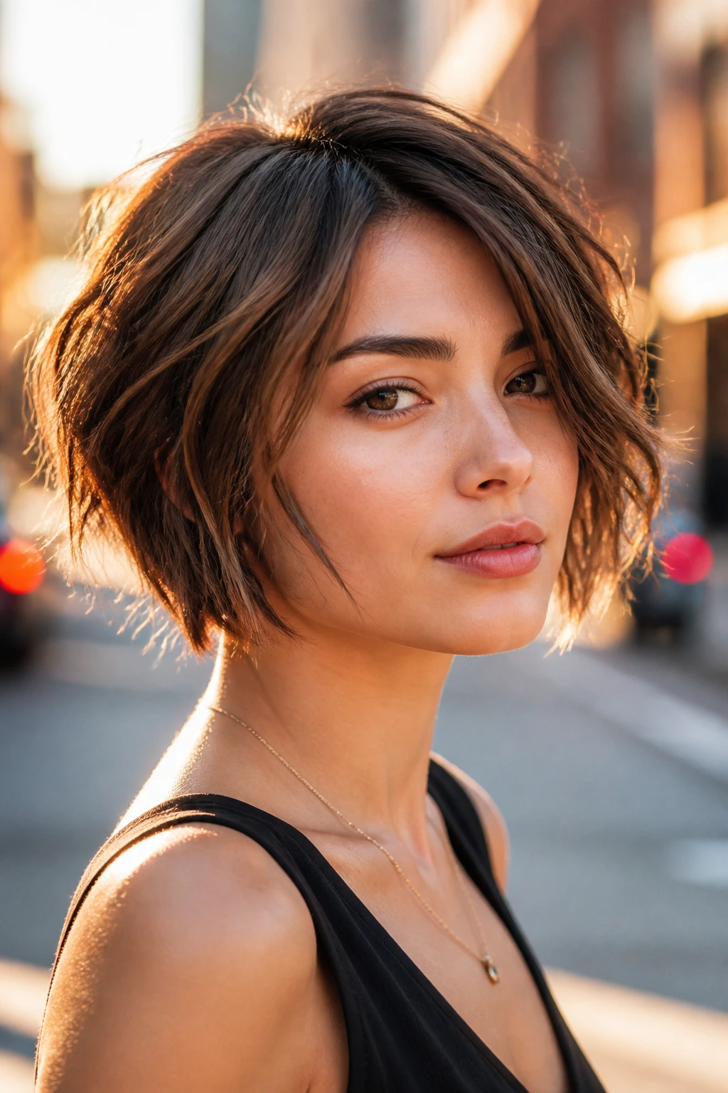 Close-up portrait of a woman with a piecey crop bob and micro layers in golden hour light