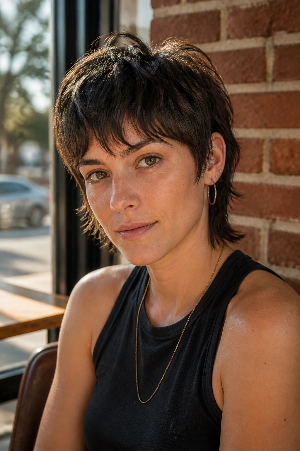 Close-up of a real person with a piecey crop shag on coarse thick hair in a sunny cafe.