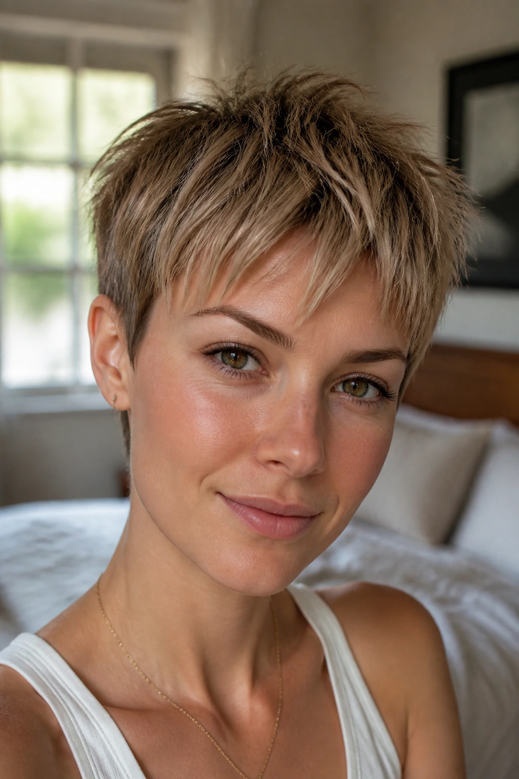 Close-up of a real woman with a textured piecey crop in warm window light
