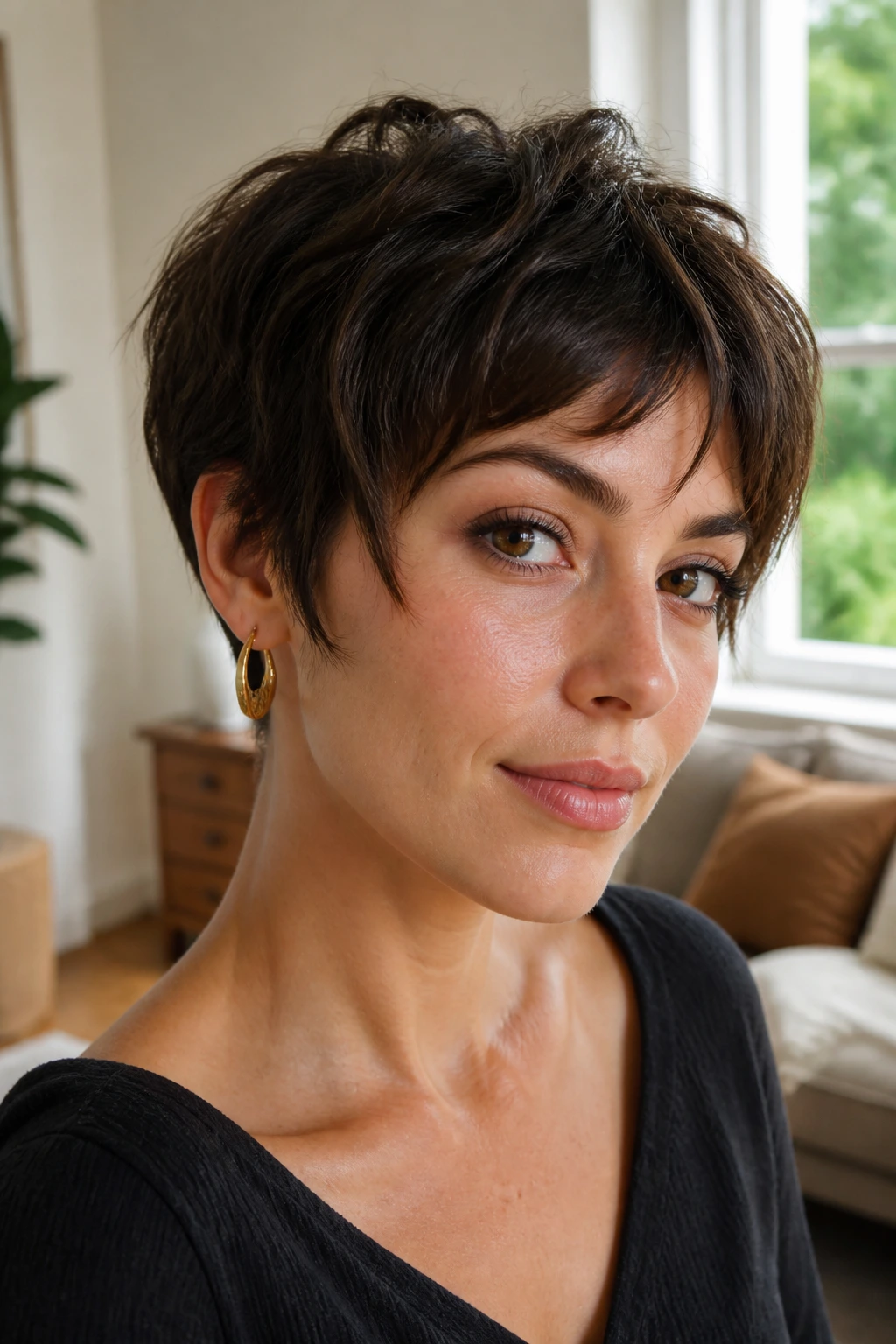 Close-up portrait of a real woman with a textured short haircut and temple bangs in warm natural light