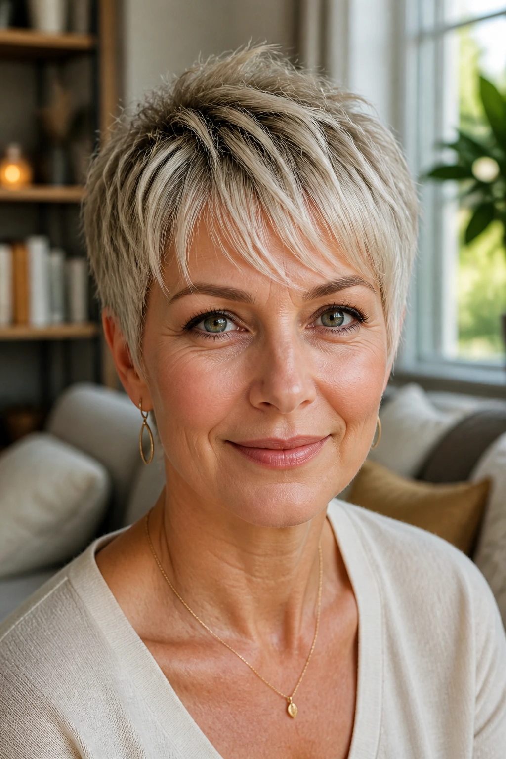 Close-up portrait of a real woman with wispy bangs and a piecey crop in natural window light