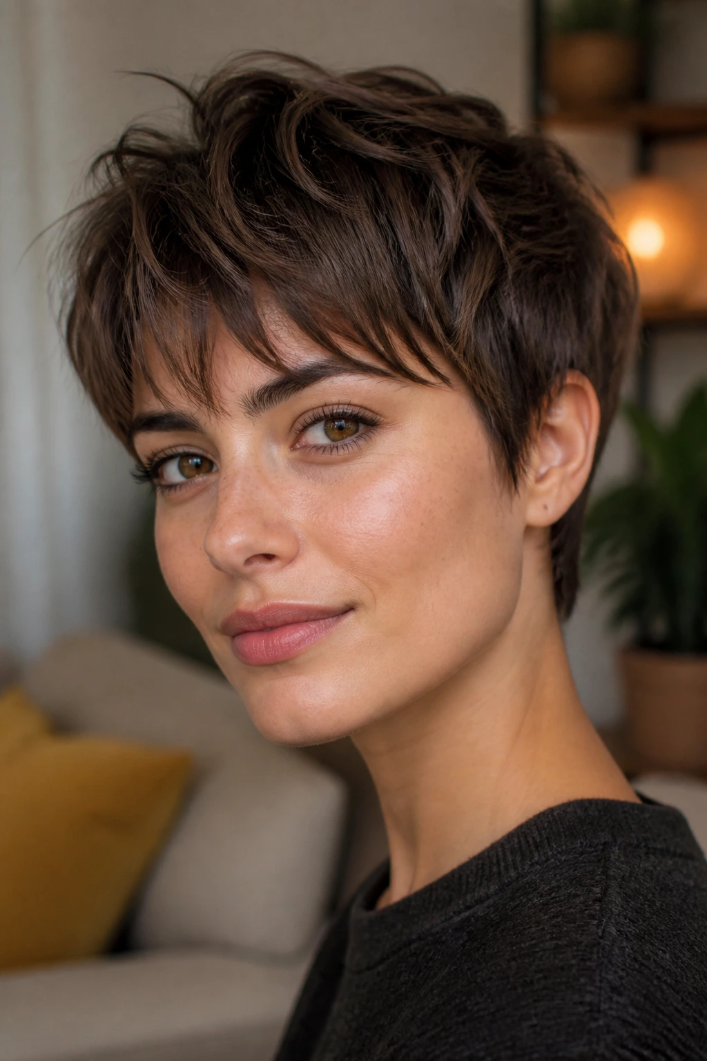 Portrait of person with piecey crop and wispy fringe showing texture