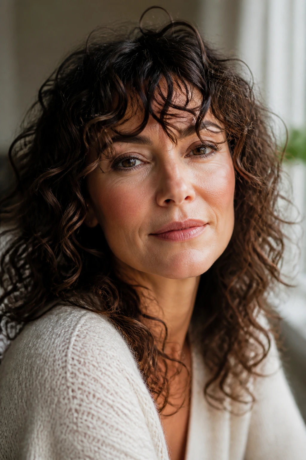 Close-up of a woman with piecey French curl bangs in warm window light