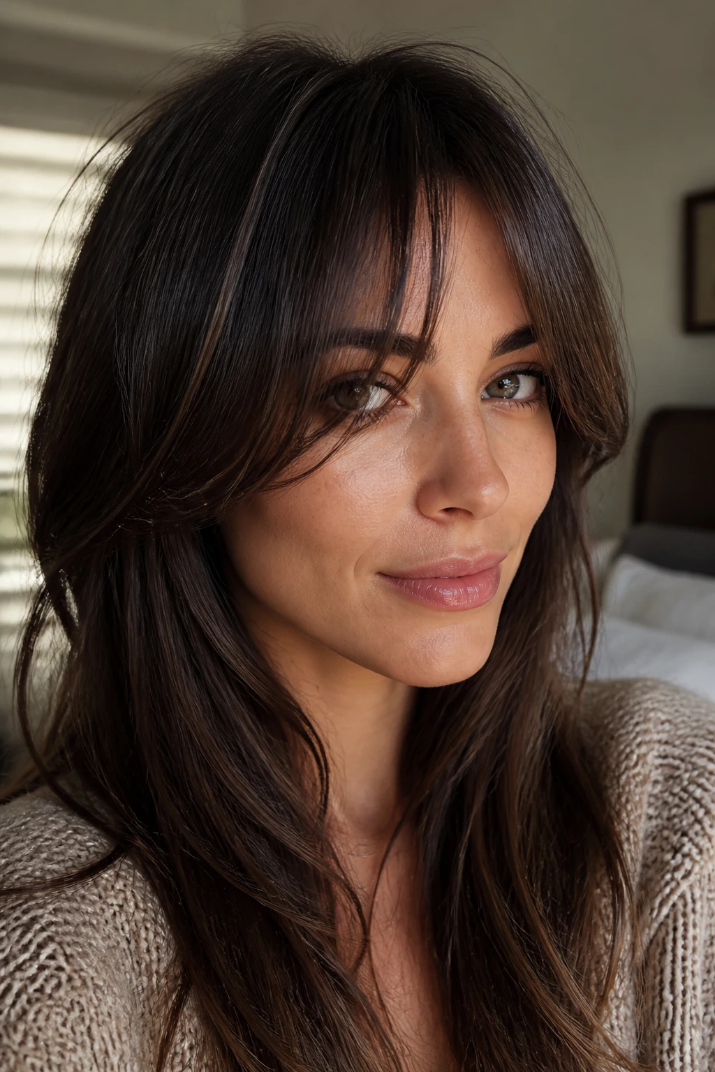 Close-up portrait of a real woman with piecey curtain bangs and invisible layers in warm window light