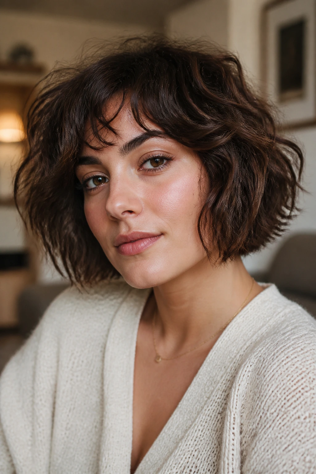 Close-up of a real woman with tousled piecey-ended French bob in cozy living room light