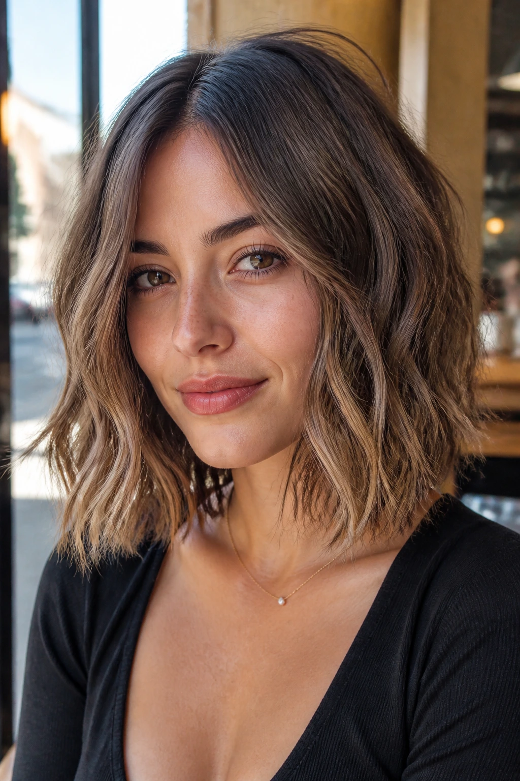 Close-up of a real woman with shoulder-length lob and defined piecey ends.