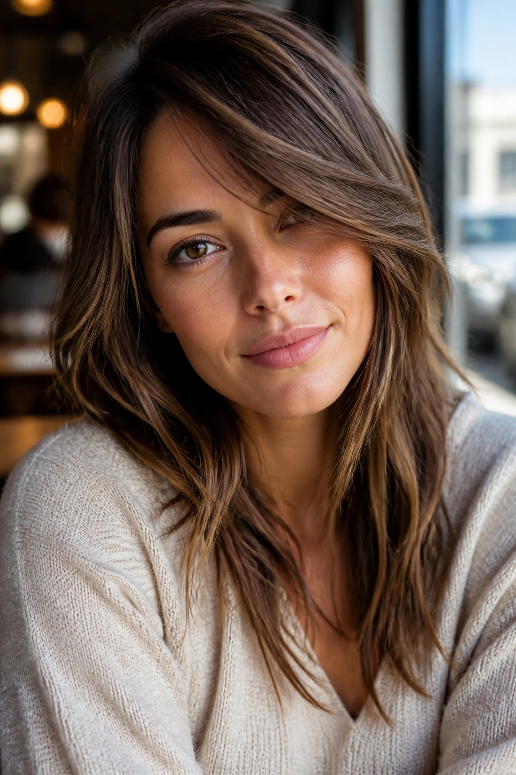 Close-up portrait of a real woman with piecey ends and long side sweep