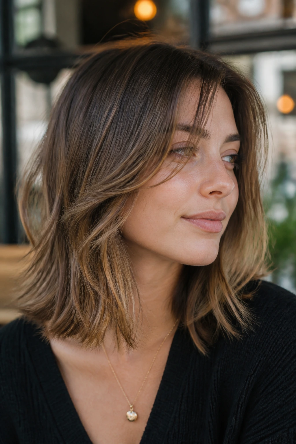 Real woman with micro-layers at the front and piecey ends, natural light