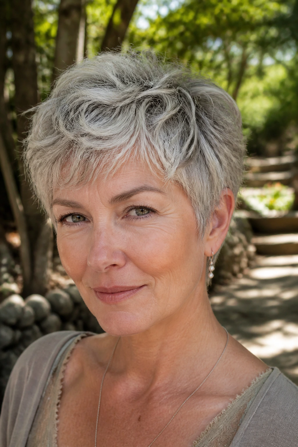 Close-up of a woman with a wavy silver pixie and piecey ends