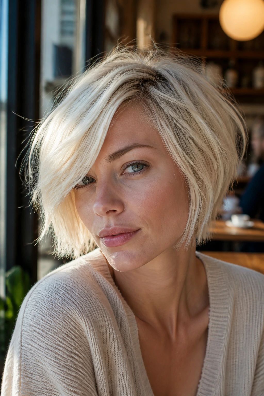 Close-up of a real woman with a piecey French bob and long side fringe