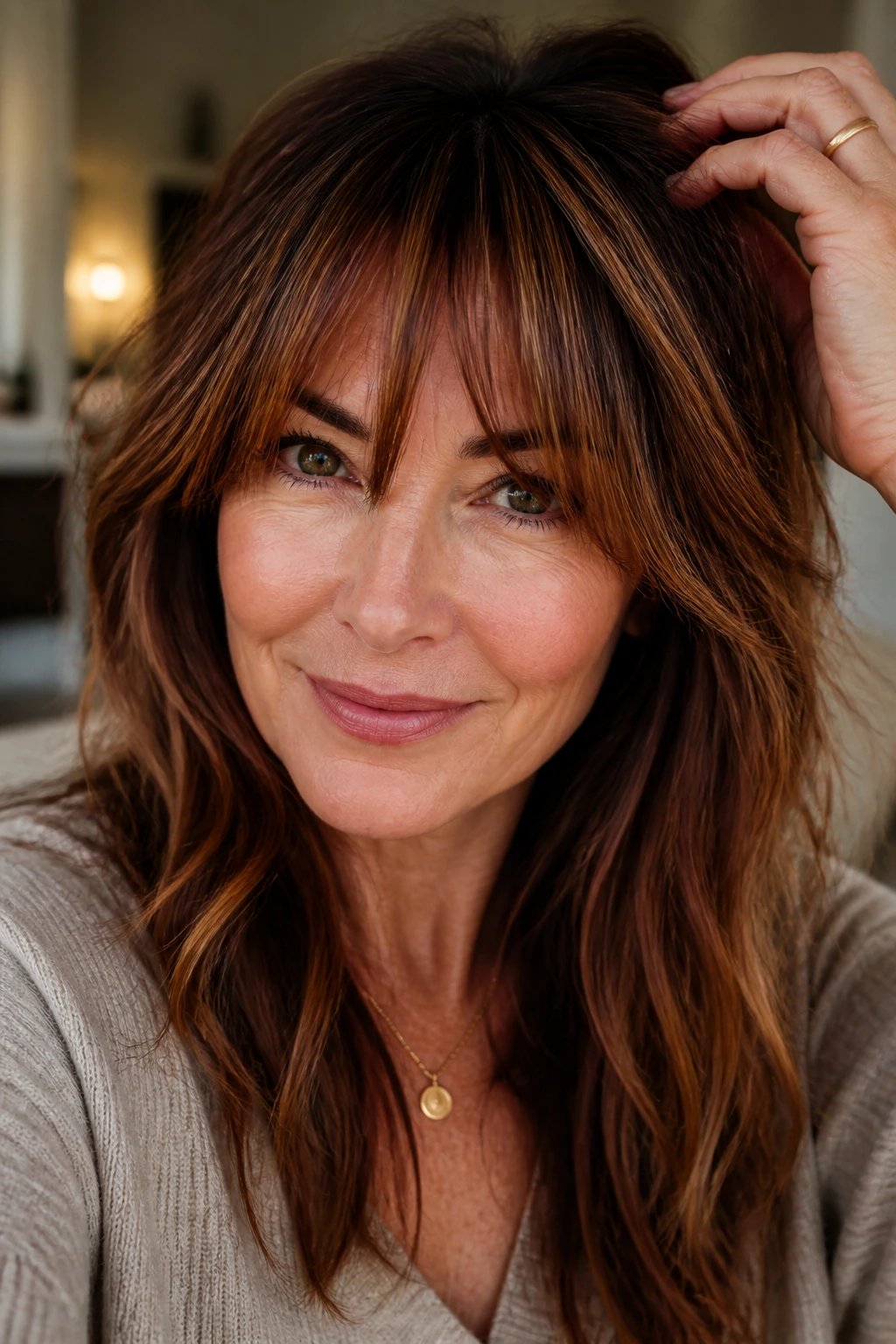 Close-up of a real woman with a textured piecey fringe and auburn lowlights
