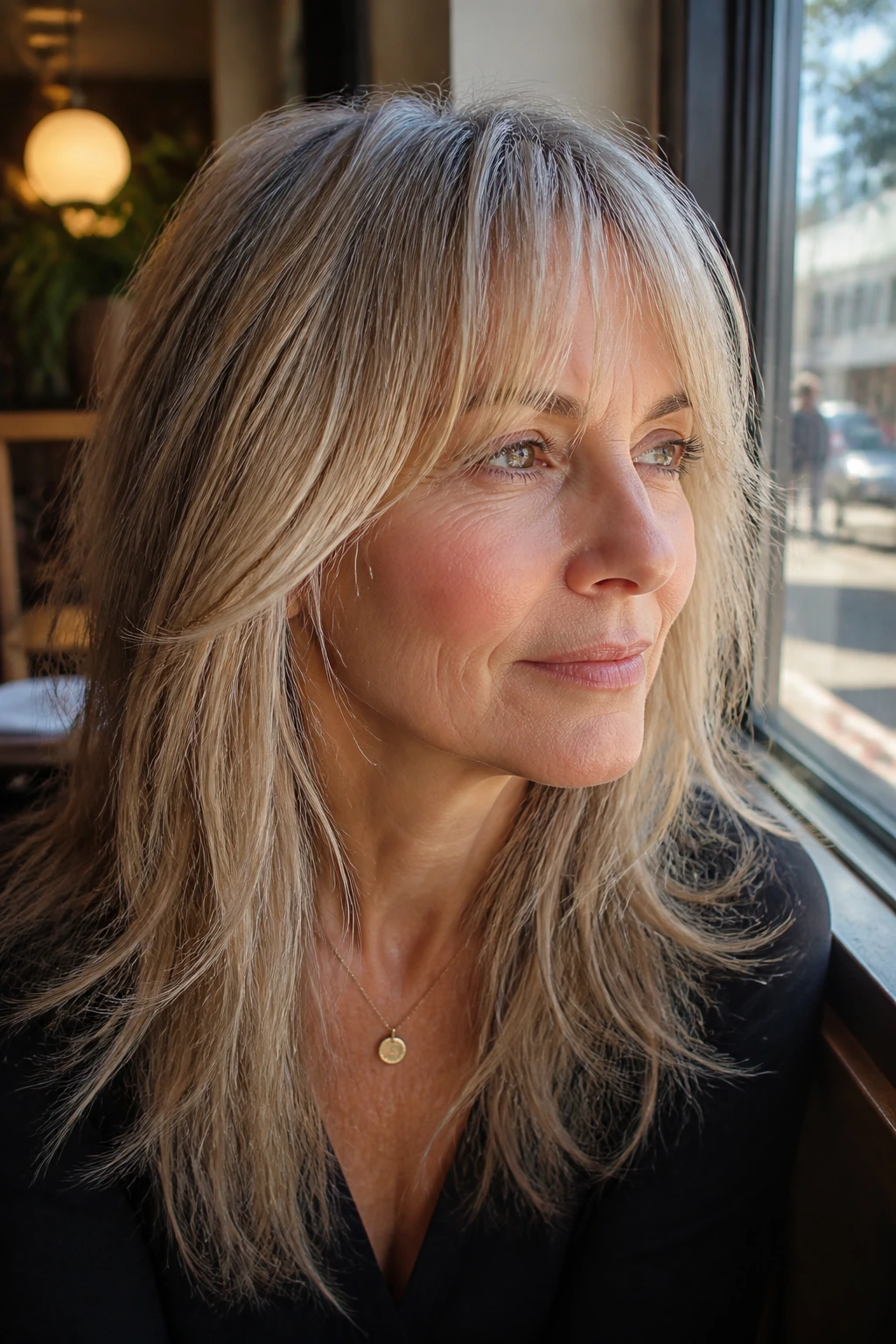 Close-up portrait of a real woman with piecey fringe and bendy tips in natural light.