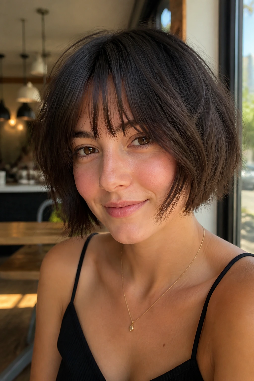 Close up portrait of a real woman with piecey fringe French bob