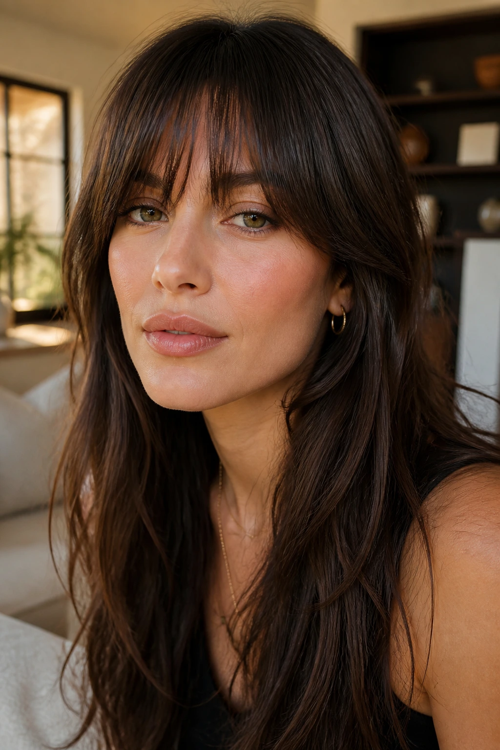 Close-up of a real woman with piecey full fringe and tapered corners