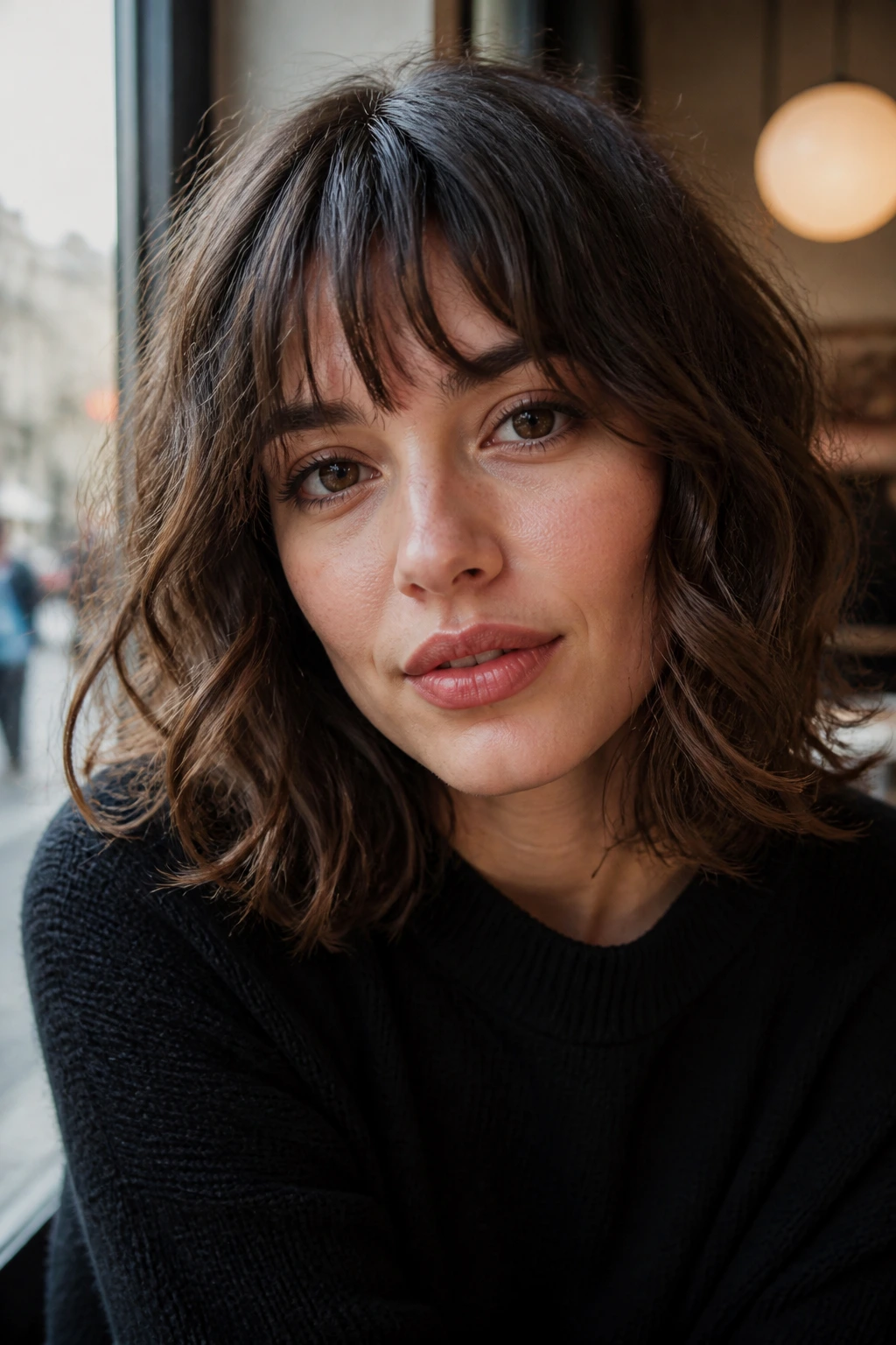 Close-up portrait of a real woman with French-girl lob and piecey fringe