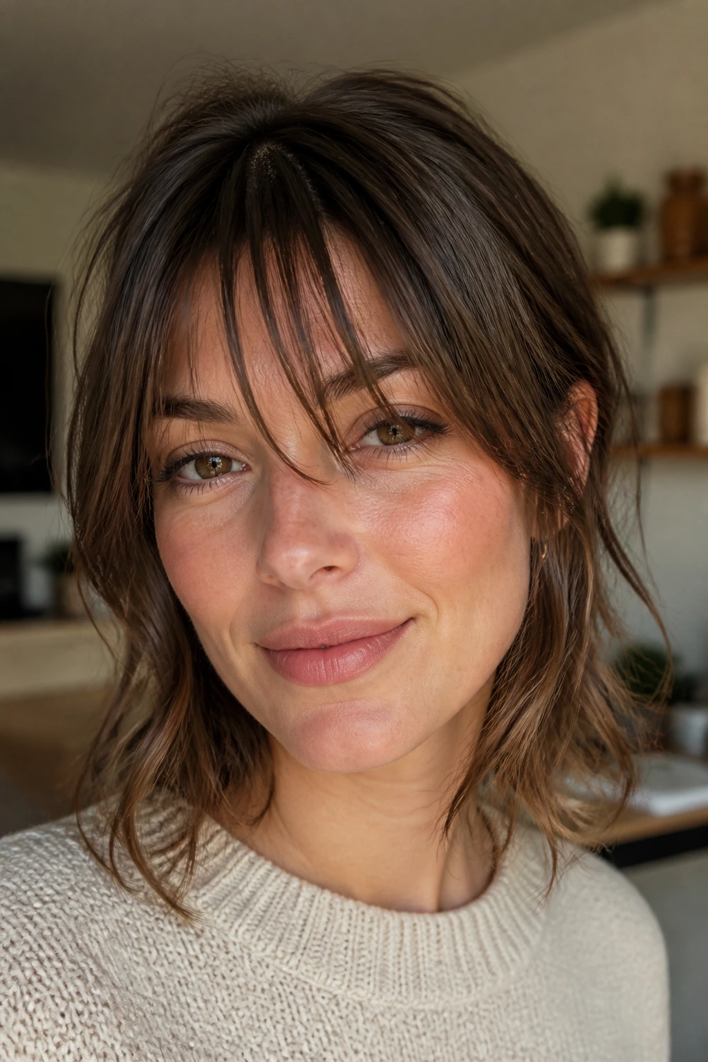 Real woman with lash-length piecey fringe.