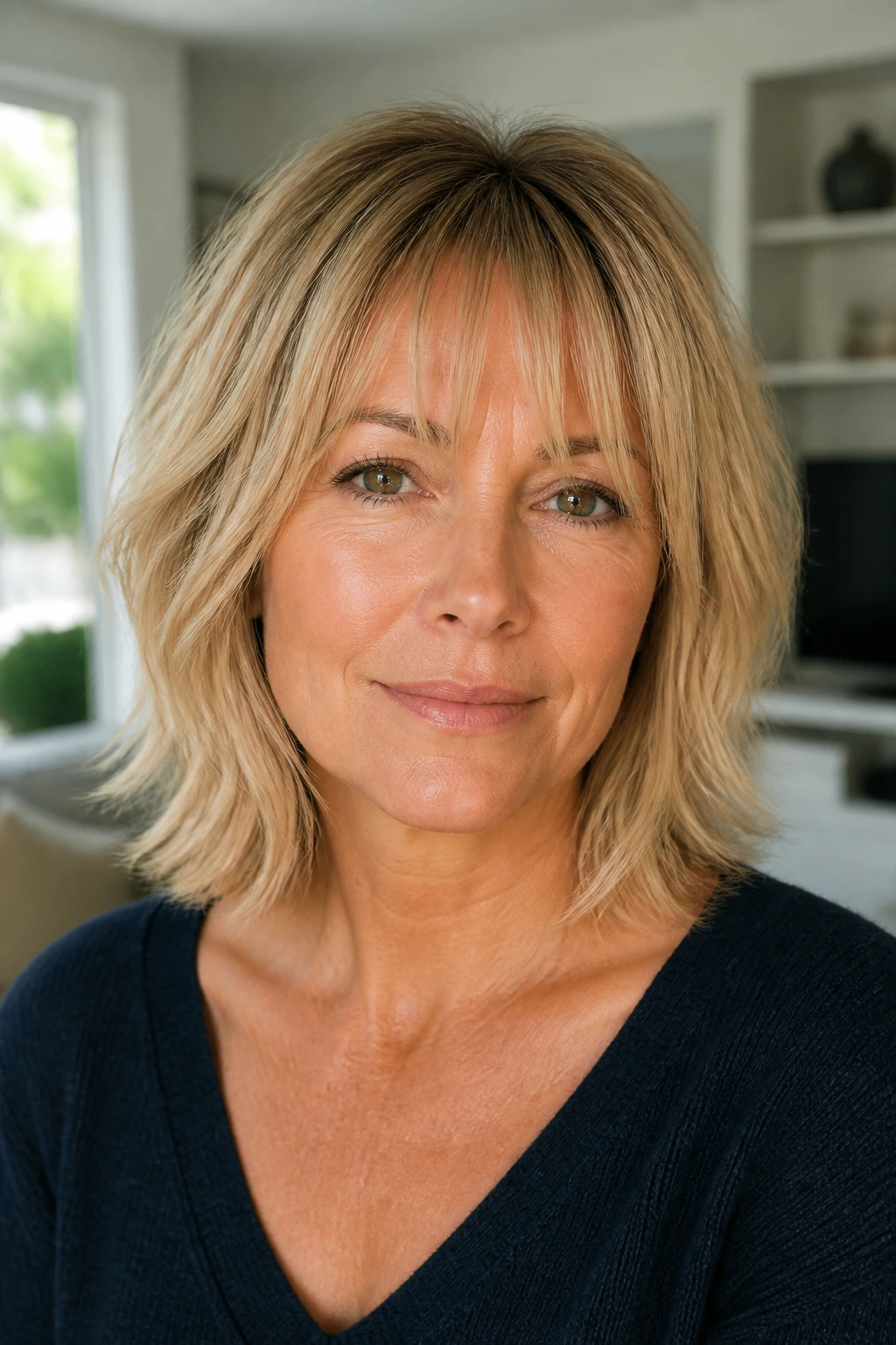 Close-up of a real woman with a piecey fringe lob and collarbone-length layer