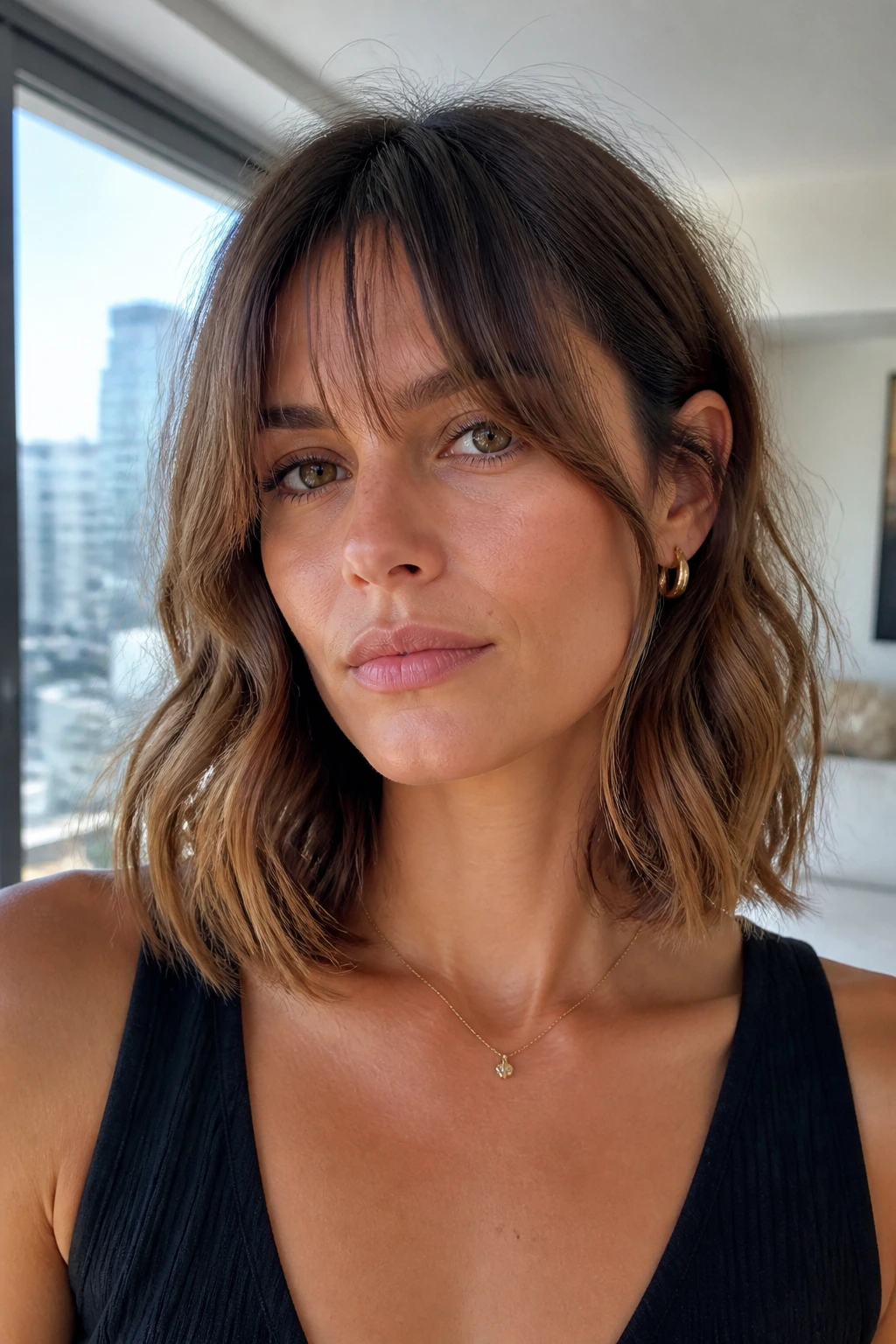 Close-up of a real woman with The Piecey Fringe Lob and a light, textured fringe.