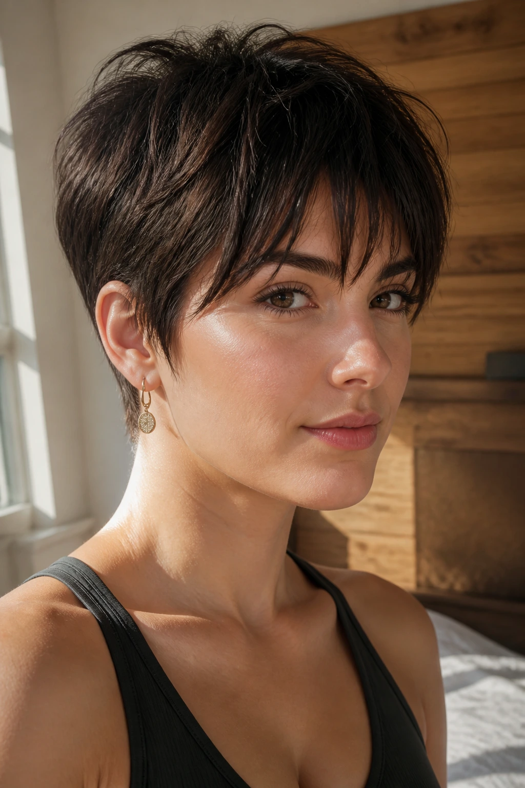 Close-up portrait of a real woman with a thick, piecey fringe pixie under natural window light.