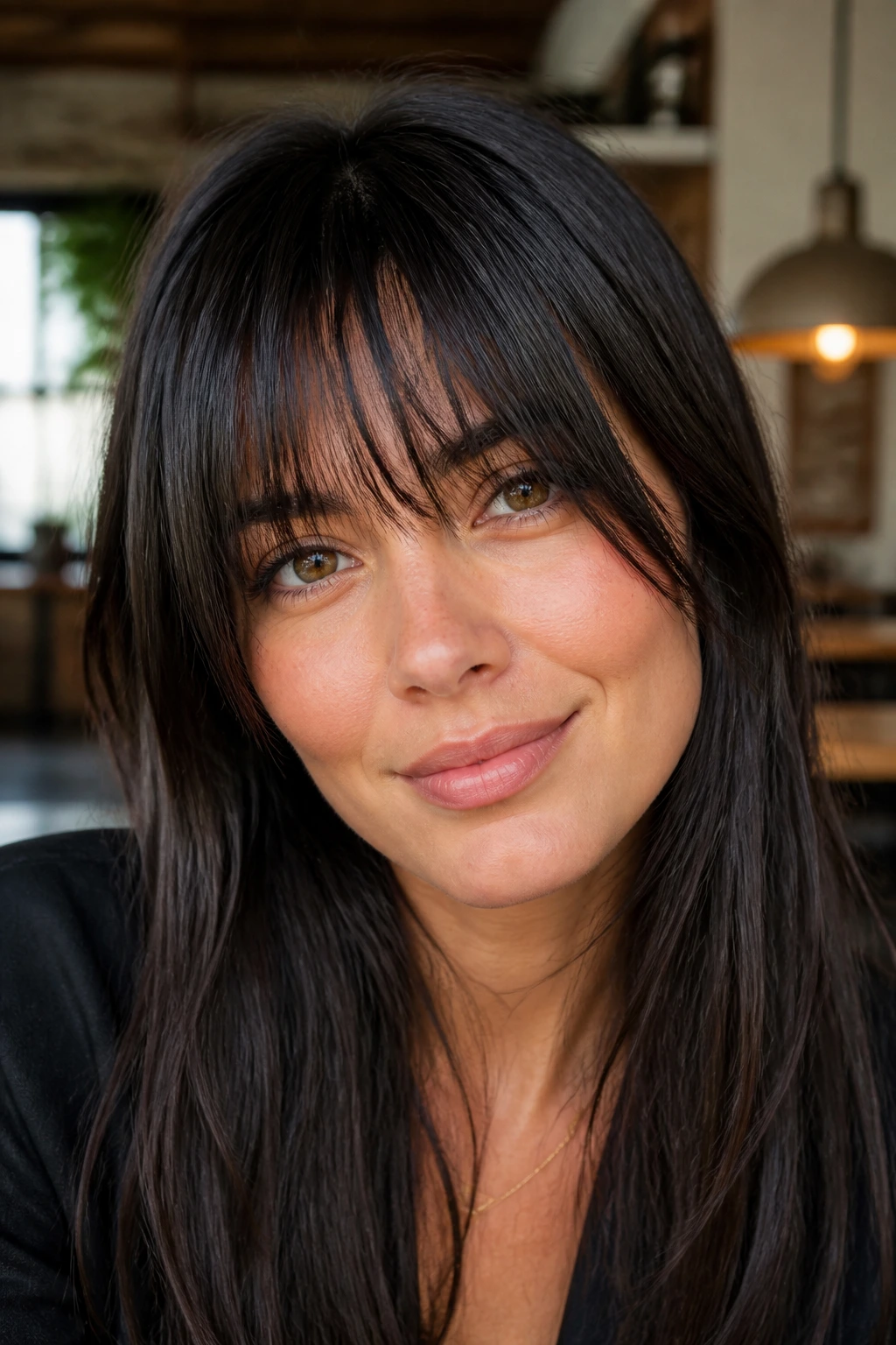 Close-up of a real woman with razor-cut piecey fringe on straight thick hair